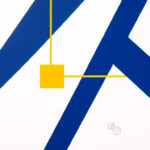 Suprematist abstract painting inspired by Kazimir Malevich: three bold navy blue geometric wire lines converging into one single vibrant yellow circuit line, with abstracted shapes evoking an electricity meter and a circuit breaker. Minimalist flat composition of bold navy blue and vibrant yellow geometric forms on a stark white background, flat textures, sharp edges, avant-garde electrical concept. No humans, no text.