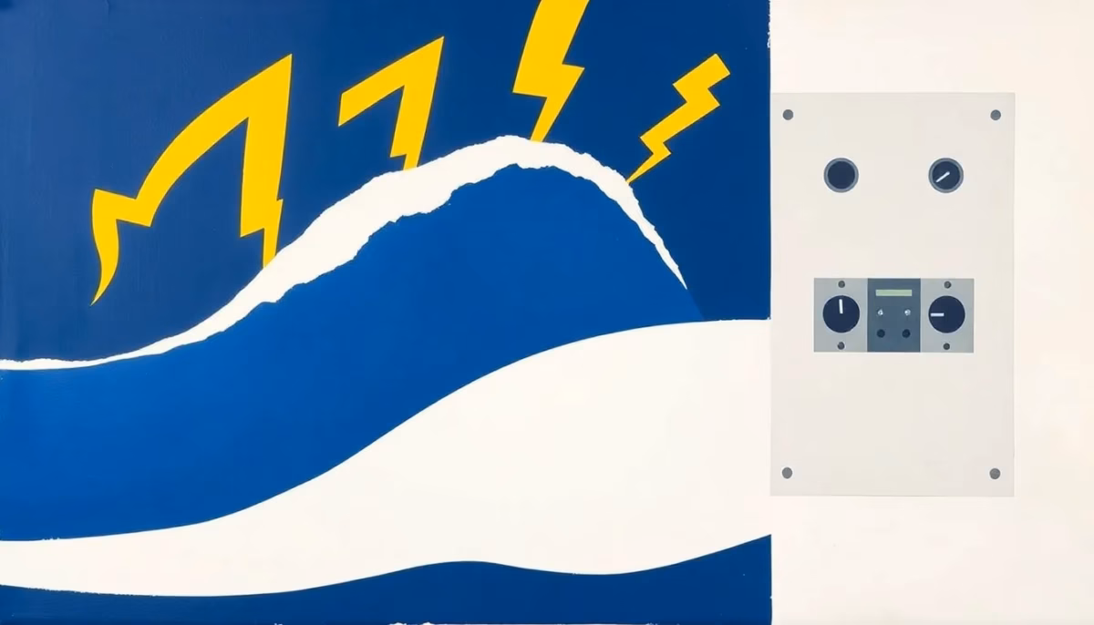Suprematist abstract painting inspired by Kazimir Malevich, depicting a rising water wave colliding with an electrical panel surrounded by lightning bolt shapes. Minimalist composition of bold navy blue and vibrant yellow geometric shapes on a stark white background. Flat textures, sharp edges, avant-garde electrical hazard concept. No humans, no text.