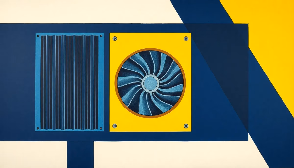 Suprematist abstract painting inspired by Kazimir Malevich featuring a mechanical ventilation unit with air ducts and a rotating fan. Minimalist composition of bold navy blue and vibrant yellow geometric shapes on a stark white background, evoking continuous electrical energy consumption. Flat textures, sharp edges, avant-garde electrical concept. No humans, no text overlay.