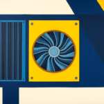 Suprematist abstract painting inspired by Kazimir Malevich featuring a mechanical ventilation unit with air ducts and a rotating fan. Minimalist composition of bold navy blue and vibrant yellow geometric shapes on a stark white background, evoking continuous electrical energy consumption. Flat textures, sharp edges, avant-garde electrical concept. No humans, no text overlay.
