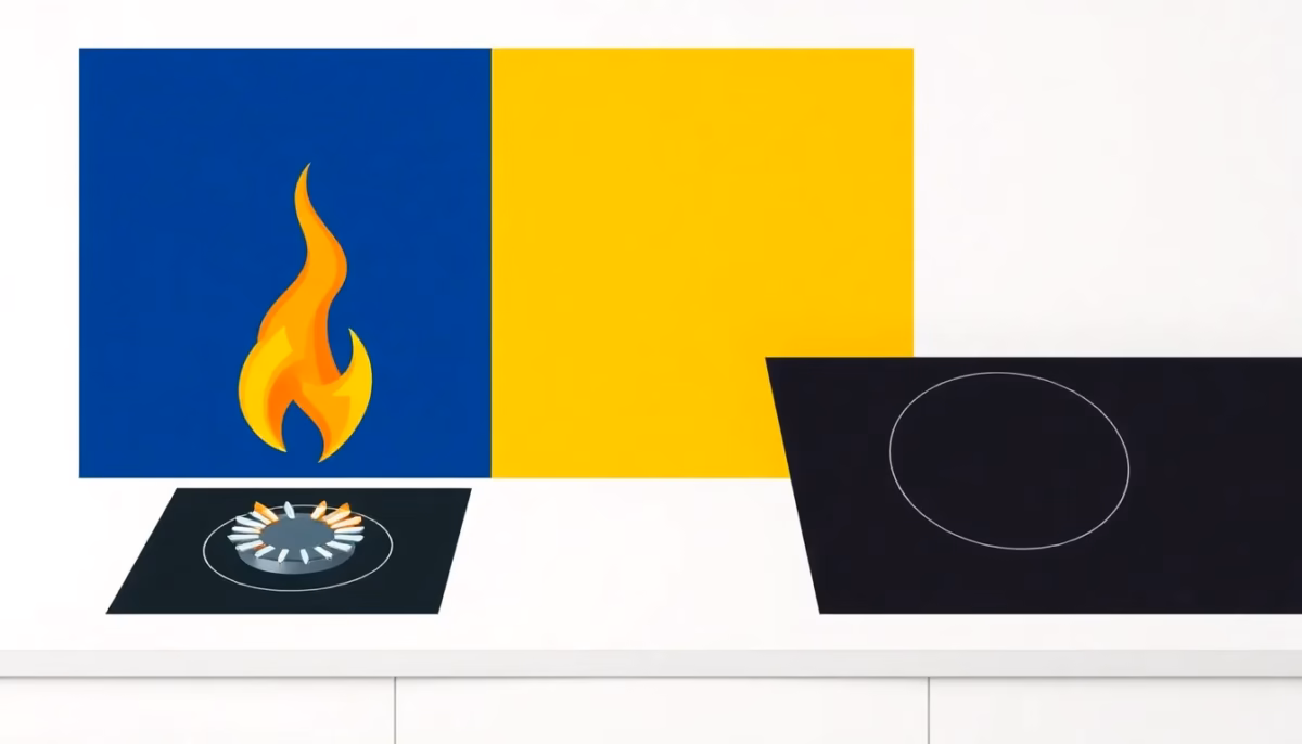 Suprematist abstract painting inspired by Kazimir Malevich featuring a kitchen cooktop with stylized geometric gas burner flames beside a sleek black electric induction hob. Minimalist composition of bold navy blue and vibrant yellow geometric shapes on a stark white background. Flat textures, sharp edges, avant-garde electrical concept, clean modern illustration. No humans, no text, no lettering.