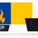 Suprematist abstract painting inspired by Kazimir Malevich featuring a kitchen cooktop with stylized geometric gas burner flames beside a sleek black electric induction hob. Minimalist composition of bold navy blue and vibrant yellow geometric shapes on a stark white background. Flat textures, sharp edges, avant-garde electrical concept, clean modern illustration. No humans, no text, no lettering.