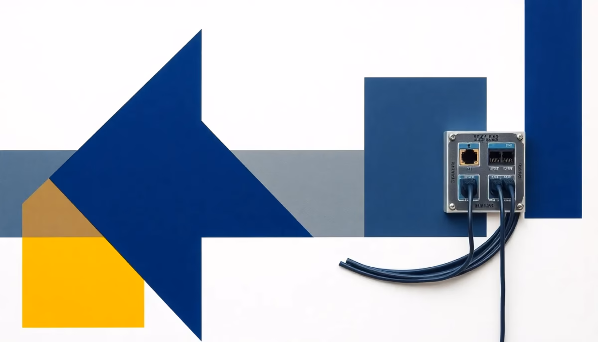 Suprematist abstract painting in the style of Kazimir Malevich featuring glowing fiber optic cables, Ethernet wall sockets and a network patch panel. Minimalist composition of bold navy blue and vibrant yellow geometric shapes on a stark white background. Flat textures, sharp edges, avant-garde electrical concept. No humans, no text overlay.
