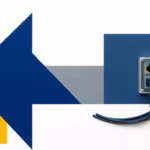 Suprematist abstract painting in the style of Kazimir Malevich featuring glowing fiber optic cables, Ethernet wall sockets and a network patch panel. Minimalist composition of bold navy blue and vibrant yellow geometric shapes on a stark white background. Flat textures, sharp edges, avant-garde electrical concept. No humans, no text overlay.