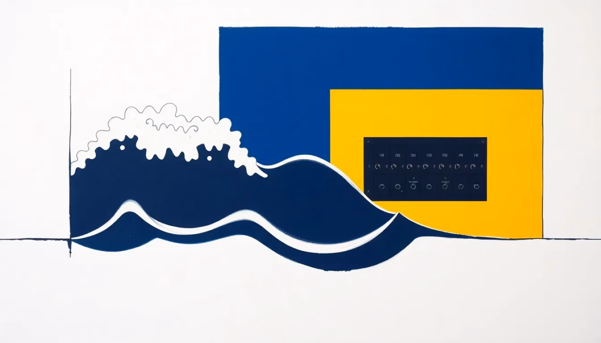 Suprematist abstract painting in the style of Kazimir Malevich featuring rising flood water waves confronting a geometric electrical breaker panel. Minimalist composition of bold navy blue and vibrant yellow geometric shapes on a stark white background. Flat textures, sharp edges, avant-garde concept symbolizing the danger of electricity in a flooded basement. No humans, no text, no text overlay.