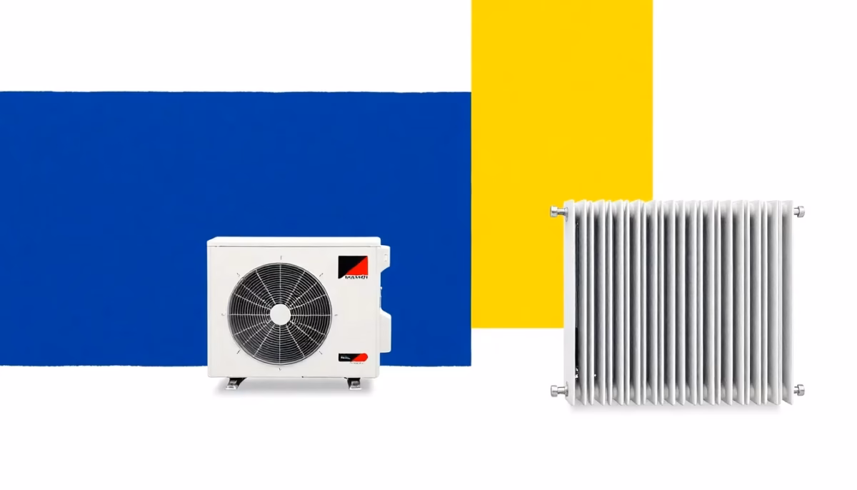 Suprematist abstract painting by Kazimir Malevich featuring a heat pump outdoor unit and an electric radiator. Minimalist composition of bold navy blue and vibrant yellow geometric shapes on a stark white background. Flat textures, sharp edges, avant-garde electrical concept. No humans, no text overlay.