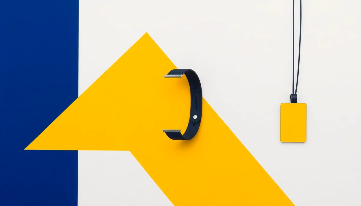 Suprematist abstract painting inspired by Kazimir Malevich, featuring a senior fall detection wristband and an emergency alert pendant. Minimalist composition with bold navy blue and vibrant yellow geometric shapes on a stark white background. Flat textures, sharp edges, avant-garde electrical concept, clean product illustration, no humans, no text overlay.