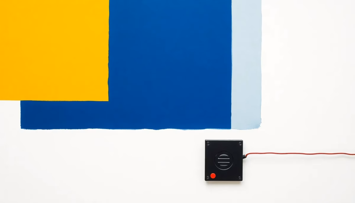 Suprematist abstract painting by Kazimir Malevich featuring a kitchen natural gas leak detector device emitting concentric signal waves. Minimalist composition of bold navy blue and vibrant yellow geometric shapes on a stark white background. Flat textures, sharp edges, avant-garde electrical safety concept. No humans, no text overlay.