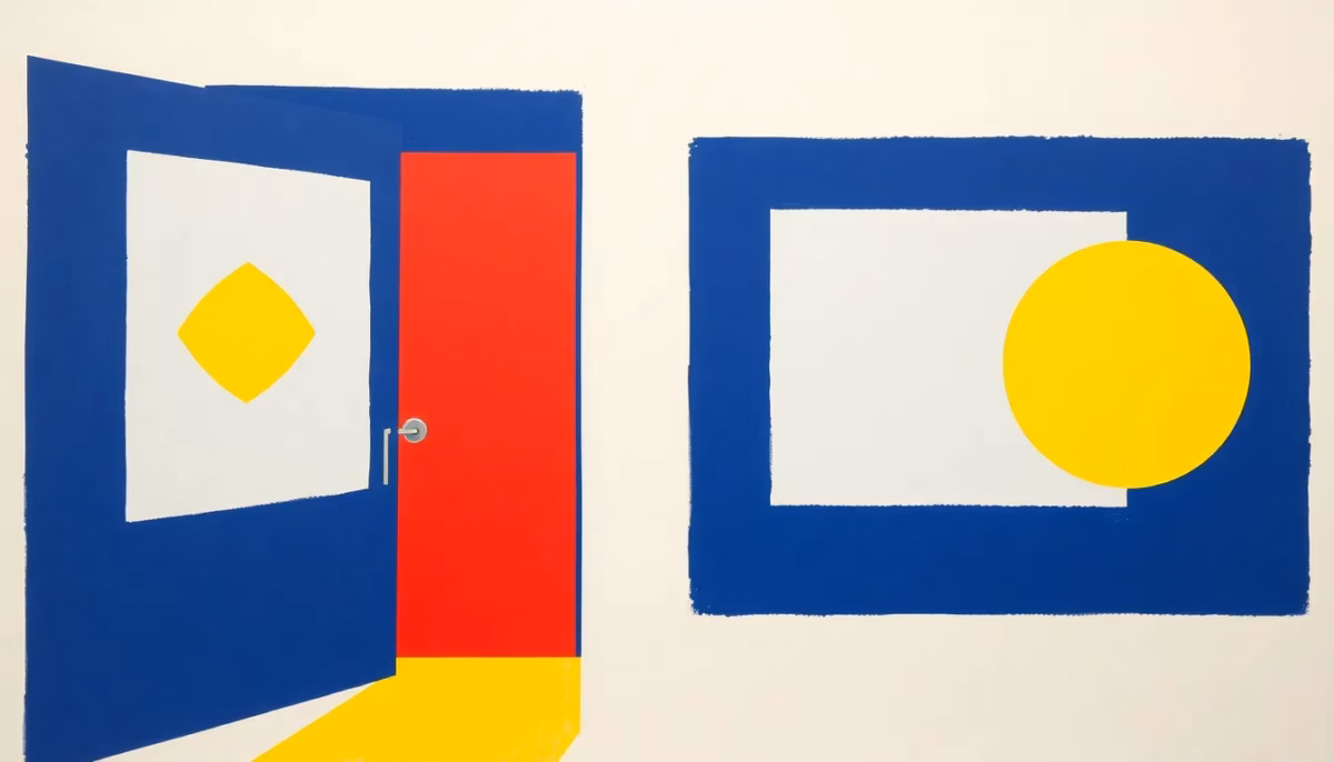 Suprematist abstract painting in the style of Kazimir Malevich, featuring a door and a window fitted with magnetic contact sensors emitting geometric alarm signal shapes. Minimalist composition of bold navy blue and vibrant yellow geometric forms on a stark white background. Flat textures, sharp edges, avant-garde electrical security concept, no humans, no text overlay.