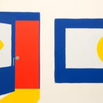 Suprematist abstract painting in the style of Kazimir Malevich, featuring a door and a window fitted with magnetic contact sensors emitting geometric alarm signal shapes. Minimalist composition of bold navy blue and vibrant yellow geometric forms on a stark white background. Flat textures, sharp edges, avant-garde electrical security concept, no humans, no text overlay.