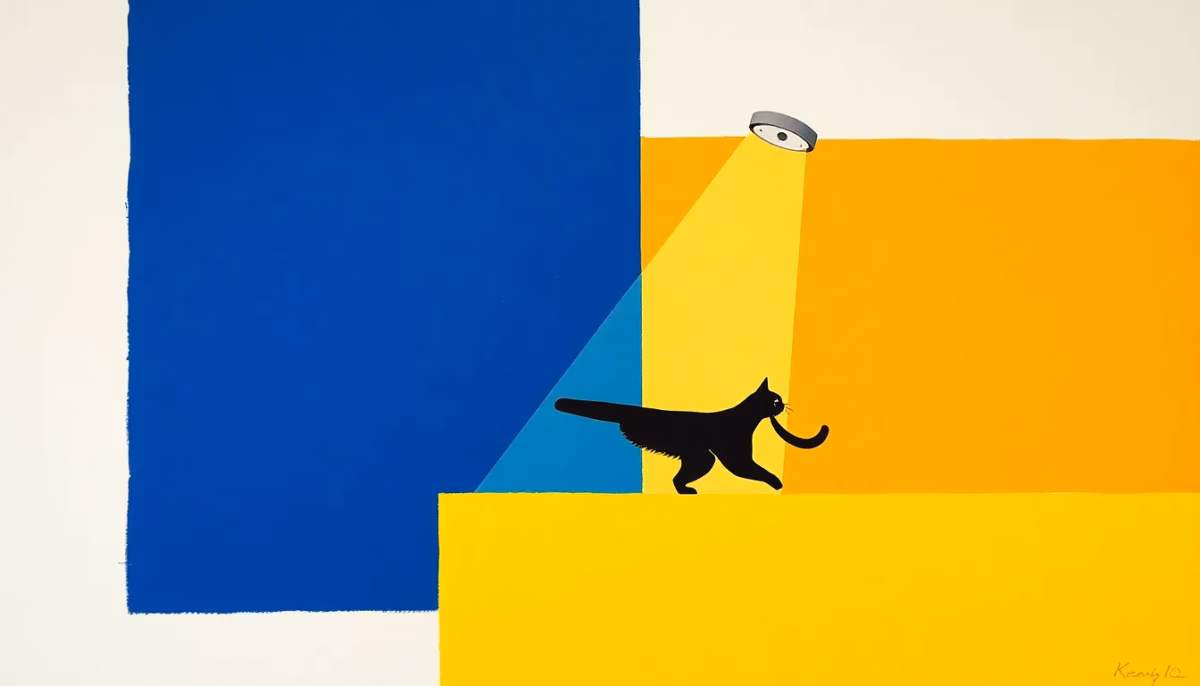 Suprematist abstract painting in the style of Kazimir Malevich showing the black silhouette of a cat crossing the detection cone of a wall-mounted alarm motion detector. Minimalist avant-garde composition with bold navy blue and vibrant yellow geometric shapes — sharp rectangles, circles and diagonal lines — on a stark white background. The pet-immune sensor beam rendered as a flat vibrant yellow triangular light cone cutting across the feline silhouette. Flat textures, crisp clean edges, abstract electrical security concept art. No humans, no text, no lettering.