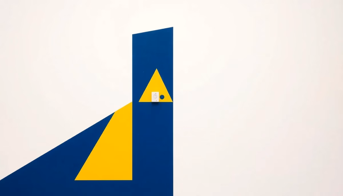 Suprematist abstract painting inspired by Kazimir Malevich featuring a wireless contact sensor mounted on a bold door silhouette emitting radiating signal triangles. Minimalist composition of bold navy blue and vibrant yellow geometric shapes on a stark white background. Flat textures, sharp edges, avant-garde smart home electrical concept. No humans, no text overlay.