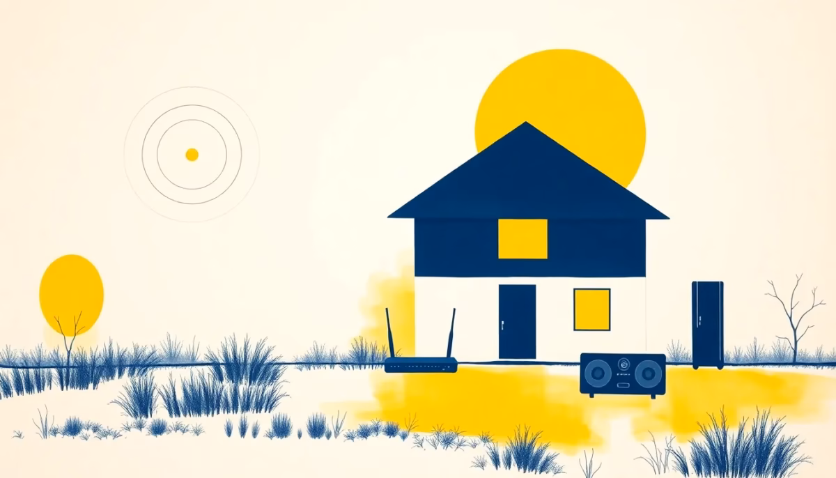 Suprematist abstract painting in the style of Kazimir Malevich featuring a rural smart home connected by radio waves, a 4G router and wireless smart home devices. Minimalist composition of bold navy blue and vibrant yellow geometric shapes on a stark white background. Flat textures, sharp edges, avant-garde interpretation of wireless home automation and connectivity. No humans, no text overlay.