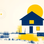 Suprematist abstract painting in the style of Kazimir Malevich featuring a rural smart home connected by radio waves, a 4G router and wireless smart home devices. Minimalist composition of bold navy blue and vibrant yellow geometric shapes on a stark white background. Flat textures, sharp edges, avant-garde interpretation of wireless home automation and connectivity. No humans, no text overlay.