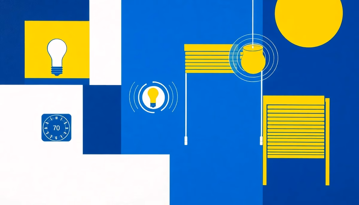 Suprematist abstract painting by Kazimir Malevich featuring a wireless smart home with radiating radio waves linking geometric thermostats, light bulbs and roller shutters. Minimalist composition of bold navy blue and vibrant yellow geometric shapes on a stark white background. Flat textures, sharp edges, avant-garde electrical concept. No humans, no text overlay.