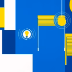 Suprematist abstract painting by Kazimir Malevich featuring a wireless smart home with radiating radio waves linking geometric thermostats, light bulbs and roller shutters. Minimalist composition of bold navy blue and vibrant yellow geometric shapes on a stark white background. Flat textures, sharp edges, avant-garde electrical concept. No humans, no text overlay.