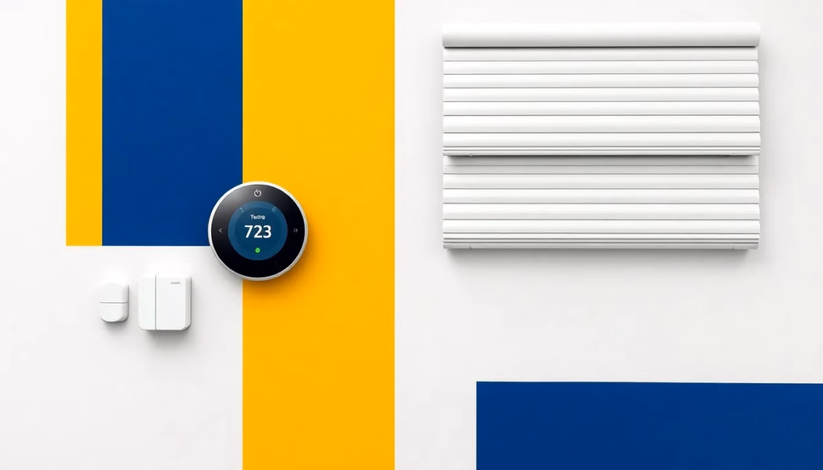 Suprematist abstract painting inspired by Kazimir Malevich featuring a smart home hub with a connected thermostat, wireless sensors and a rolling shutter. Minimalist composition of bold navy blue and vibrant yellow geometric shapes on a stark white background. Flat textures, sharp edges, avant-garde electrical concept. No humans, no text overlay.
