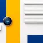 Suprematist abstract painting inspired by Kazimir Malevich featuring a smart home hub with a connected thermostat, wireless sensors and a rolling shutter. Minimalist composition of bold navy blue and vibrant yellow geometric shapes on a stark white background. Flat textures, sharp edges, avant-garde electrical concept. No humans, no text overlay.