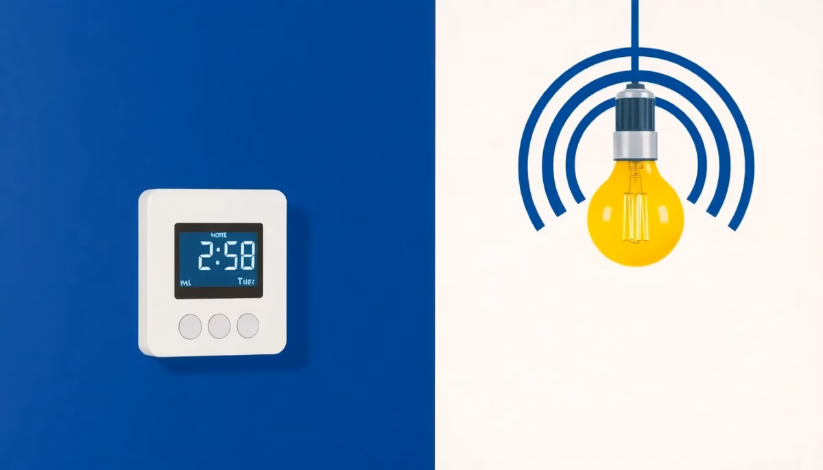 Suprematist abstract painting in the style of Kazimir Malevich featuring a wall-mounted smart thermostat, a large-button remote control and a glowing light bulb linked by wireless signal waves. Minimalist composition of bold navy blue and vibrant yellow geometric shapes on a stark white background. Flat textures, sharp edges, avant-garde electrical concept. No humans, no text.
