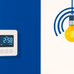Suprematist abstract painting in the style of Kazimir Malevich featuring a wall-mounted smart thermostat, a large-button remote control and a glowing light bulb linked by wireless signal waves. Minimalist composition of bold navy blue and vibrant yellow geometric shapes on a stark white background. Flat textures, sharp edges, avant-garde electrical concept. No humans, no text.