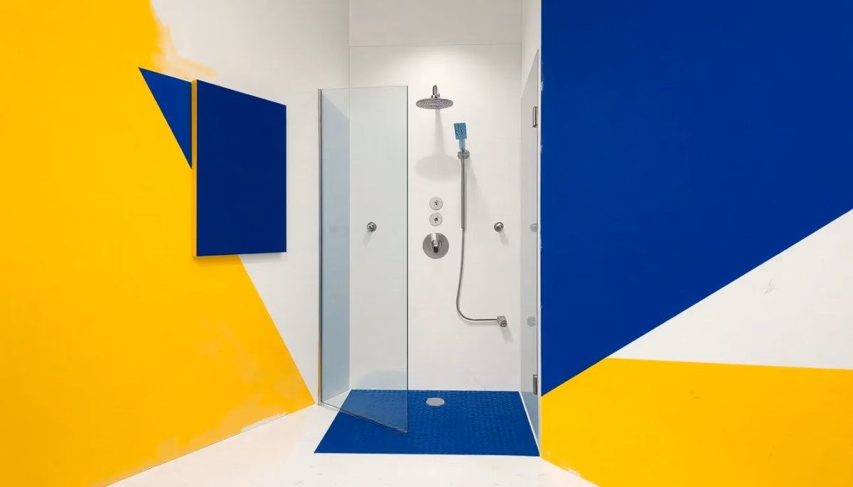 Suprematist abstract painting in the style of Kazimir Malevich depicting an accessible walk-in senior shower with a heated floor and soft warm lighting. Minimalist composition of bold navy blue and vibrant yellow geometric shapes on a stark white background. Flat textures, sharp edges, avant-garde electrical concept. No humans, no text.