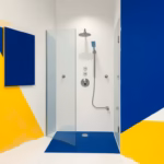 Suprematist abstract painting in the style of Kazimir Malevich depicting an accessible walk-in senior shower with a heated floor and soft warm lighting. Minimalist composition of bold navy blue and vibrant yellow geometric shapes on a stark white background. Flat textures, sharp edges, avant-garde electrical concept. No humans, no text.