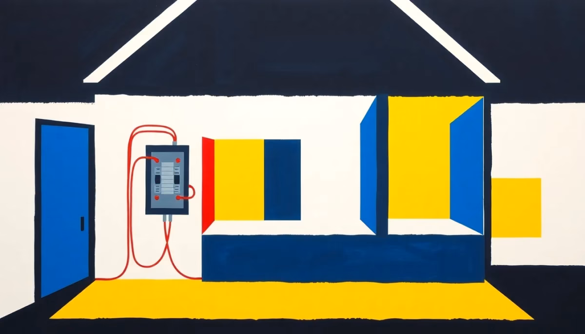 Suprematist abstract painting inspired by Kazimir Malevich depicting an occupied house under electrical renovation, featuring a circuit breaker panel and glowing cables threading through geometric room silhouettes. Minimalist composition of bold navy blue and vibrant yellow geometric shapes on a stark white background. Flat textures, sharp edges, avant-garde electrical concept. ##no humans##, ##no text##