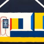 Suprematist abstract painting inspired by Kazimir Malevich depicting an occupied house under electrical renovation, featuring a circuit breaker panel and glowing cables threading through geometric room silhouettes. Minimalist composition of bold navy blue and vibrant yellow geometric shapes on a stark white background. Flat textures, sharp edges, avant-garde electrical concept. ##no humans##, ##no text##