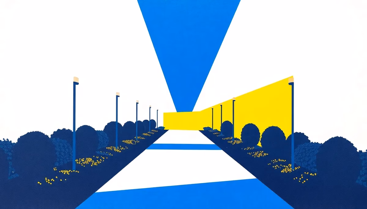 Suprematist abstract painting inspired by Kazimir Malevich, featuring a geometric garden pathway lined with glowing bollard lights casting radiant beams along the walkway. Minimalist avant-garde composition of bold navy blue and vibrant yellow geometric shapes on a stark white background. Flat textures, sharp edges, dynamic diagonal forms evoking safe movement along an illuminated path. No humans, no text, no lettering.