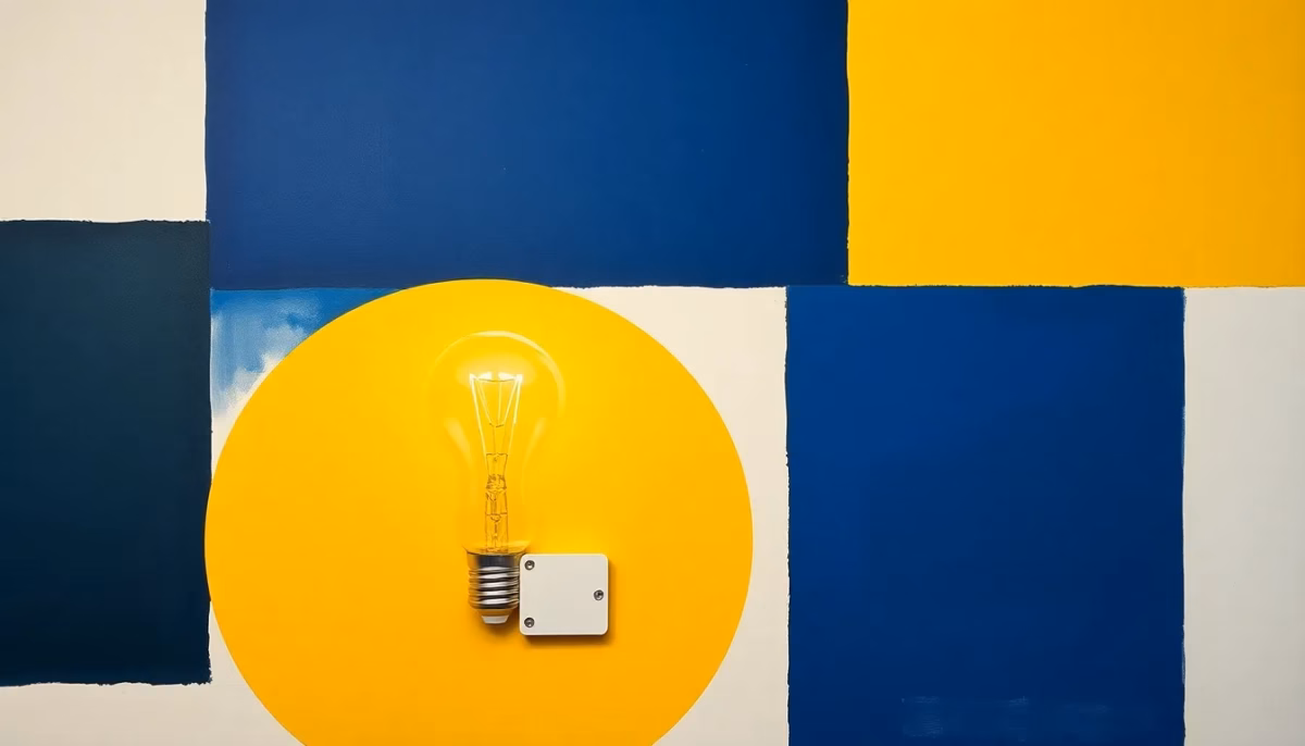 Suprematist abstract painting in the style of Kazimir Malevich featuring a smart LED light bulb and a wireless lighting control module. Minimalist composition of bold navy blue and vibrant yellow geometric shapes on a stark white background. Flat textures, sharp edges, avant-garde smart home electrical concept. No humans, no text.
