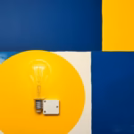 Suprematist abstract painting in the style of Kazimir Malevich featuring a smart LED light bulb and a wireless lighting control module. Minimalist composition of bold navy blue and vibrant yellow geometric shapes on a stark white background. Flat textures, sharp edges, avant-garde smart home electrical concept. No humans, no text.