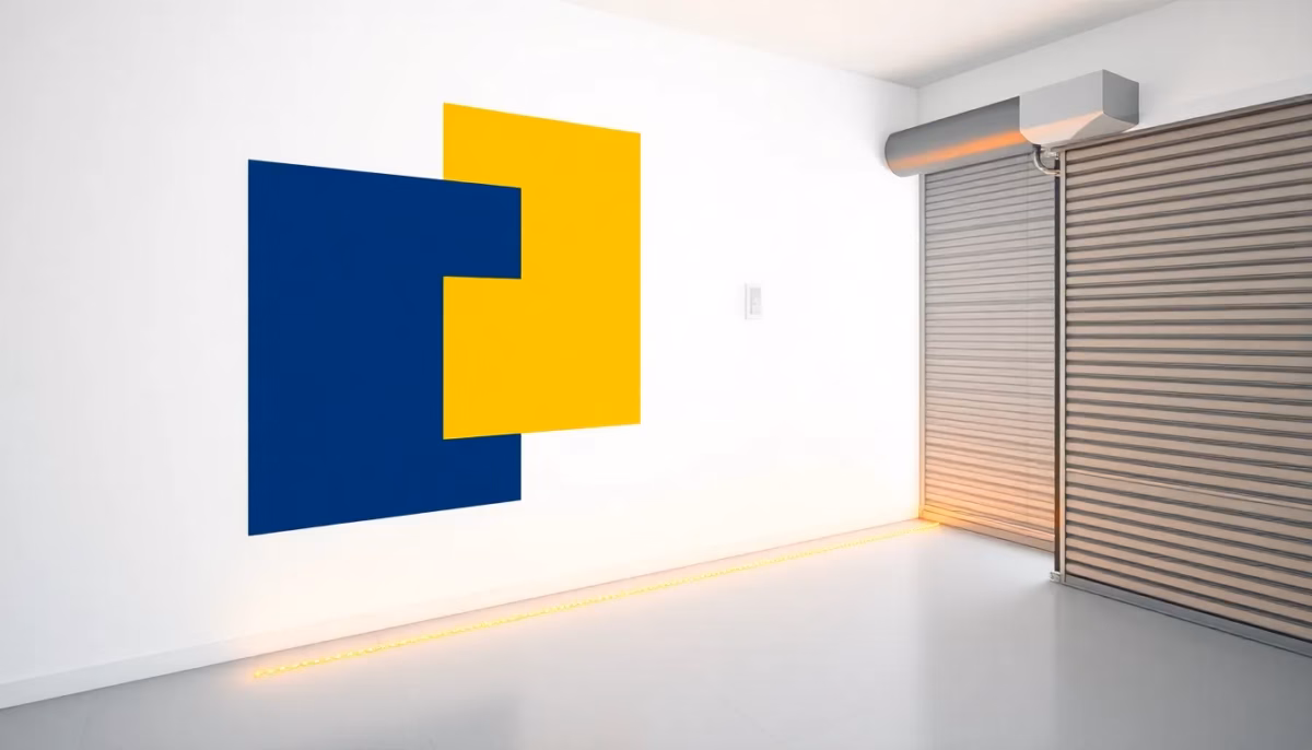 Suprematist abstract painting in the style of Kazimir Malevich featuring a wireless wall switch, an amber LED strip glowing along a hallway floor, and a motorized roller shutter. Minimalist composition of bold navy blue and vibrant yellow geometric shapes on a stark white background. Flat textures, sharp edges, avant-garde electrical concept. ##no humans##, ##no text##