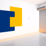 Suprematist abstract painting in the style of Kazimir Malevich featuring a wireless wall switch, an amber LED strip glowing along a hallway floor, and a motorized roller shutter. Minimalist composition of bold navy blue and vibrant yellow geometric shapes on a stark white background. Flat textures, sharp edges, avant-garde electrical concept. ##no humans##, ##no text##