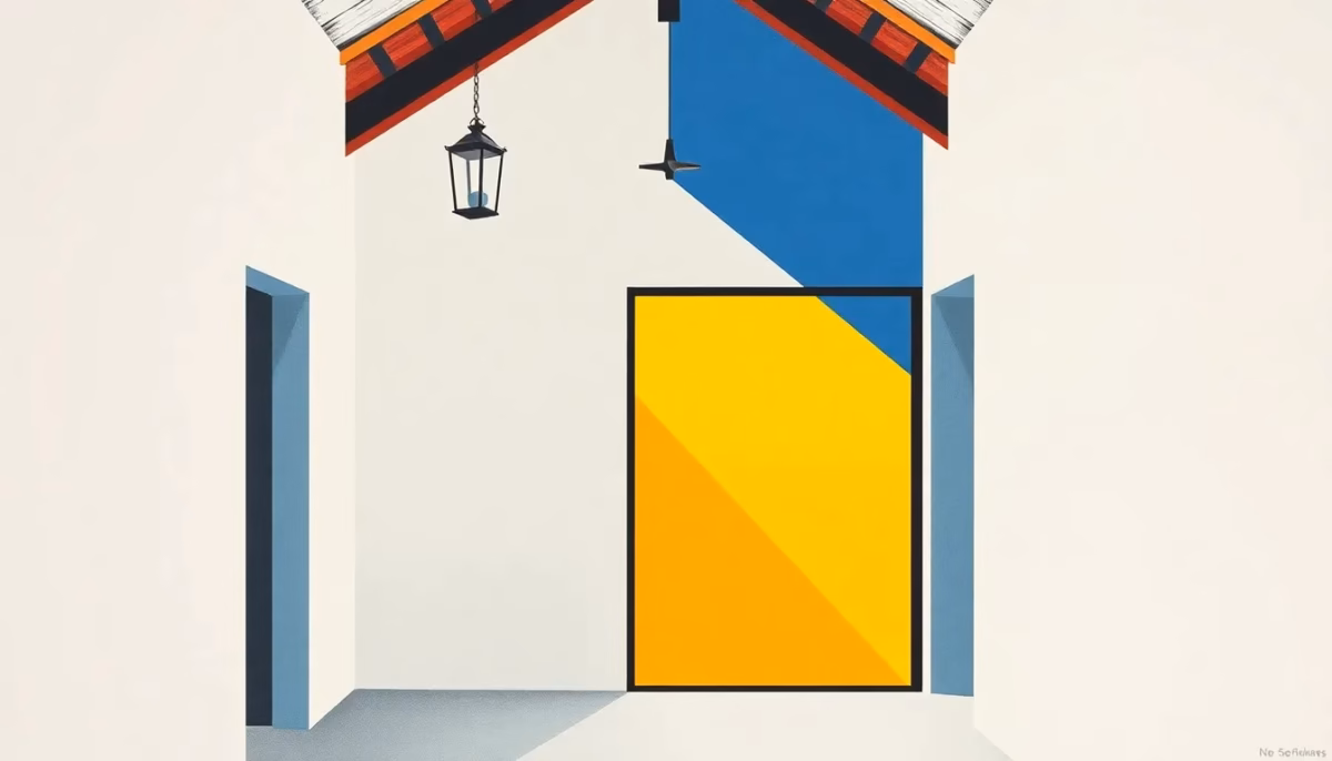 Suprematist abstract painting in the style of Kazimir Malevich depicting a rustic renovated farmhouse entrance hall with a hanging lantern, a warm wall sconce and a glass-and-steel verriere partition catching a diagonal sunbeam. Minimalist composition of bold navy blue and vibrant yellow geometric shapes on a stark white background, with a soft warm amber glow evoking 2700K lighting. Flat textures, sharp edges, avant-garde lighting concept. ##no humans##, ##no text##