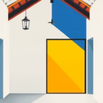 Suprematist abstract painting in the style of Kazimir Malevich depicting a rustic renovated farmhouse entrance hall with a hanging lantern, a warm wall sconce and a glass-and-steel verriere partition catching a diagonal sunbeam. Minimalist composition of bold navy blue and vibrant yellow geometric shapes on a stark white background, with a soft warm amber glow evoking 2700K lighting. Flat textures, sharp edges, avant-garde lighting concept. ##no humans##, ##no text##