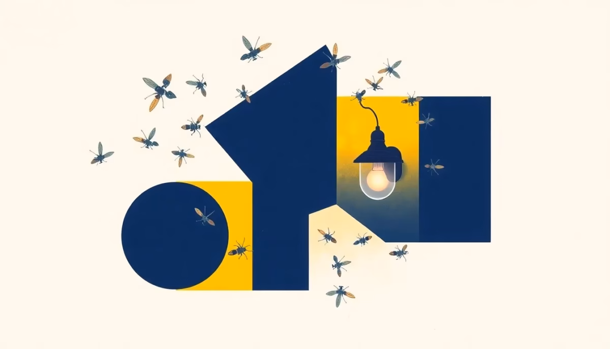 Suprematist abstract painting in the style of Kazimir Malevich depicting a swarm of geometric insects orbiting a minimalist modern outdoor garden lamp emitting a warm golden glow directed toward the ground. Minimalist composition of bold navy blue and vibrant yellow geometric shapes on a stark white background, with a subtle warm amber accent for the downward light beam. Flat textures, sharp edges, avant-garde electrical concept. No humans, no text overlay.
