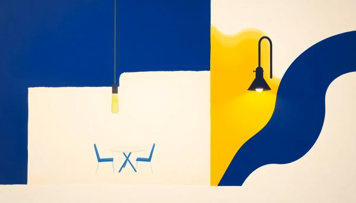 Suprematist abstract painting inspired by Kazimir Malevich featuring a rustic barnhouse pendant lamp and a gooseneck wall light illuminating a renovated farmhouse terrace at night. Minimalist composition of bold navy blue and vibrant yellow geometric shapes on a stark white background. Flat textures, sharp edges, avant-garde electrical concept. No humans, no text, no text overlay.
