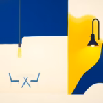 Suprematist abstract painting inspired by Kazimir Malevich featuring a rustic barnhouse pendant lamp and a gooseneck wall light illuminating a renovated farmhouse terrace at night. Minimalist composition of bold navy blue and vibrant yellow geometric shapes on a stark white background. Flat textures, sharp edges, avant-garde electrical concept. No humans, no text, no text overlay.