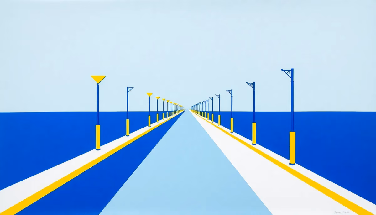 Suprematist abstract painting in the style of Kazimir Malevich depicting a long country driveway lined with geometric lamp posts, solar bollards and retroreflective edge markers. Minimalist avant-garde composition of bold navy blue and vibrant yellow geometric shapes on a stark white background, with strong diagonal lines suggesting the path receding into the distance. Flat textures, sharp edges, pure geometric forms, no gradients, avant-garde electrical concept. No humans, no text.
