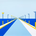 Suprematist abstract painting in the style of Kazimir Malevich depicting a long country driveway lined with geometric lamp posts, solar bollards and retroreflective edge markers. Minimalist avant-garde composition of bold navy blue and vibrant yellow geometric shapes on a stark white background, with strong diagonal lines suggesting the path receding into the distance. Flat textures, sharp edges, pure geometric forms, no gradients, avant-garde electrical concept. No humans, no text.