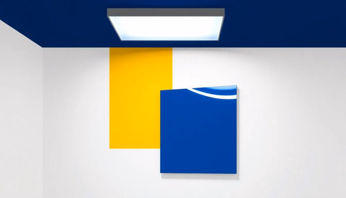 Suprematist abstract painting inspired by Kazimir Malevich featuring a minimalist bathroom ceiling light, a rectangular LED mirror and geometric water droplets. Minimalist composition of bold navy blue and vibrant yellow geometric shapes on a stark white background. Flat textures, sharp edges, avant-garde electrical concept. No humans, no text overlay.