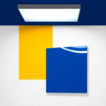 Suprematist abstract painting inspired by Kazimir Malevich featuring a minimalist bathroom ceiling light, a rectangular LED mirror and geometric water droplets. Minimalist composition of bold navy blue and vibrant yellow geometric shapes on a stark white background. Flat textures, sharp edges, avant-garde electrical concept. No humans, no text overlay.