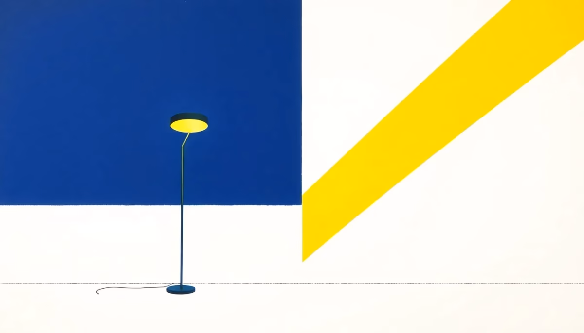 Suprematist abstract painting by Kazimir Malevich featuring a living room floor lamp emitting bold geometric light beams across an interior. Minimalist composition of navy blue and vibrant yellow shapes on a stark white background, evoking layered warm lighting. Flat textures, sharp edges, avant-garde electrical concept. No humans, no text overlay.