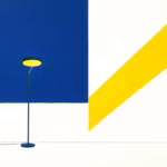 Suprematist abstract painting by Kazimir Malevich featuring a living room floor lamp emitting bold geometric light beams across an interior. Minimalist composition of navy blue and vibrant yellow shapes on a stark white background, evoking layered warm lighting. Flat textures, sharp edges, avant-garde electrical concept. No humans, no text overlay.