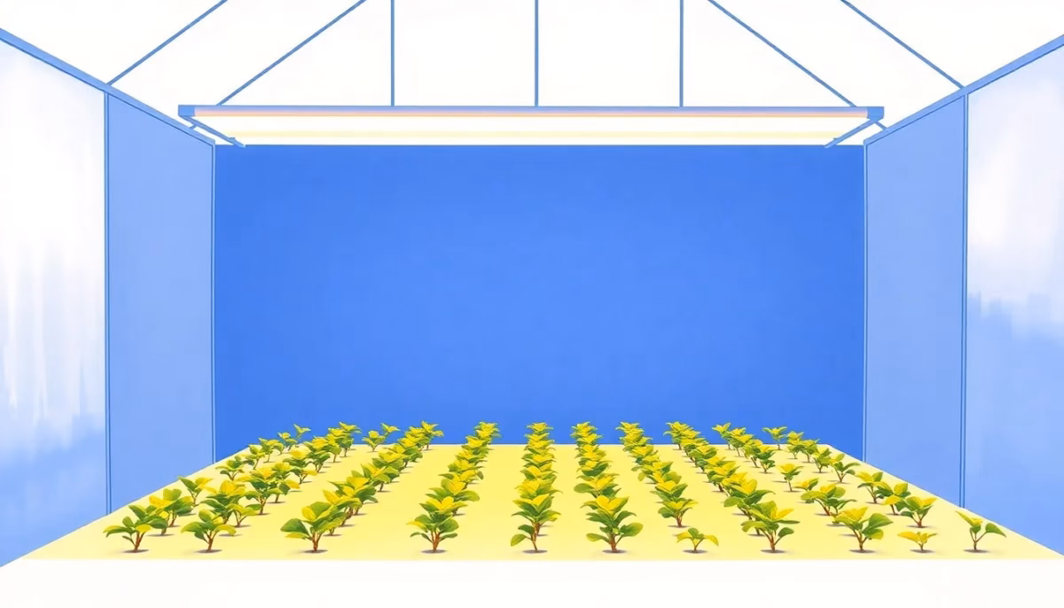 Suprematist abstract painting in the style of Kazimir Malevich featuring a minimalist greenhouse with two linear LED grow-light tubes glowing cool white above neat rows of green seedlings in small pots. Bold geometric composition of deep navy blue, vibrant yellow and fresh green shapes on a stark white background. Flat textures, sharp edges, avant-garde horticultural electrical concept. No humans, no text overlay.