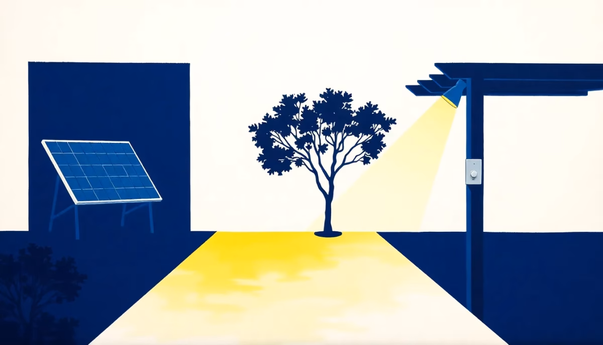 Suprematist abstract painting inspired by Kazimir Malevich depicting a vast night garden: a glowing modular solar panel on a stake, a small LED spotlight on a piquet lighting the silhouette of a large tree, and a wireless switch fixed on a pergola post. Minimalist composition of bold navy blue and vibrant yellow geometric shapes on a stark white background, flat textures, sharp edges, avant-garde electrical concept. No humans, no text overlay.