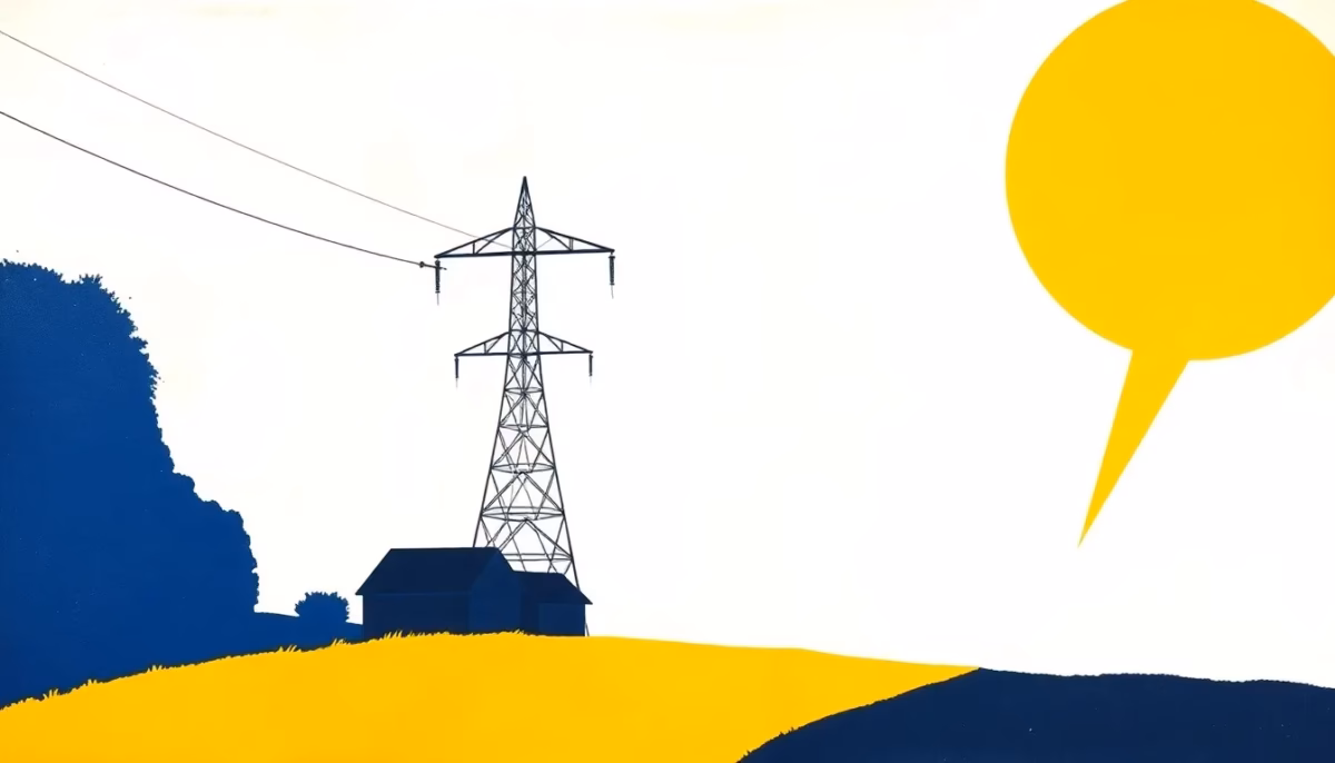 Suprematist abstract painting in the style of Kazimir Malevich featuring a rural high-voltage pylon, a farmhouse silhouette and an electric bolt. Minimalist composition of bold navy blue and vibrant yellow geometric shapes on a stark white background. Flat textures, sharp edges, avant-garde electrical concept. No humans, no text.