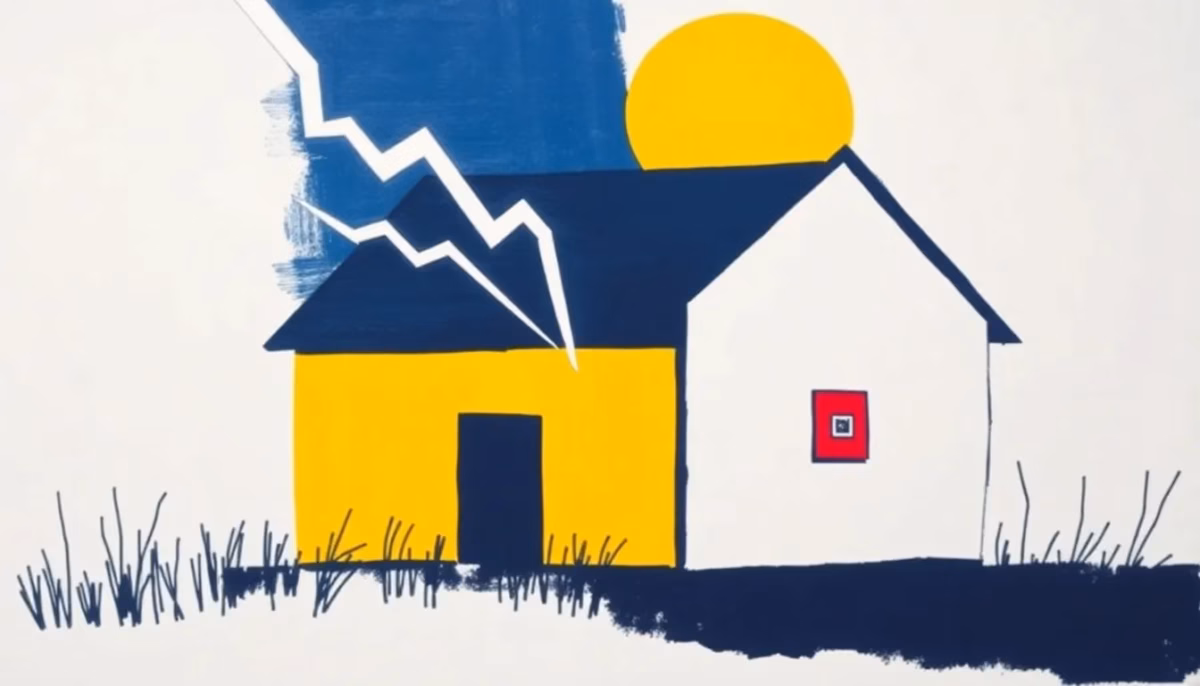 Suprematist abstract painting in the style of Kazimir Malevich featuring a rural French cottage silhouette with stylized lightning bolts and an electrical fuse panel. Minimalist composition of bold navy blue and vibrant yellow geometric shapes on a stark white background. Flat textures, sharp edges, avant-garde electrical concept, no humans, no text, no text overlay.