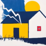 Suprematist abstract painting in the style of Kazimir Malevich featuring a rural French cottage silhouette with stylized lightning bolts and an electrical fuse panel. Minimalist composition of bold navy blue and vibrant yellow geometric shapes on a stark white background. Flat textures, sharp edges, avant-garde electrical concept, no humans, no text, no text overlay.