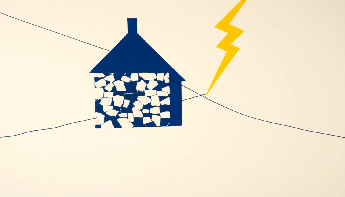 Suprematist abstract painting in the style of Kazimir Malevich featuring a rural stone house silhouette crossed by electric cables and a bold lightning bolt. Minimalist composition of bold navy blue and vibrant yellow geometric shapes on a stark white background. Flat textures, sharp edges, avant-garde electrical concept. No humans, no text.